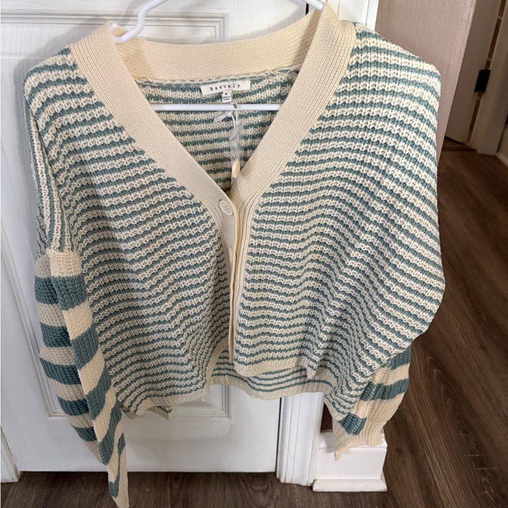 Green and Cream Striped Women's cardigan
